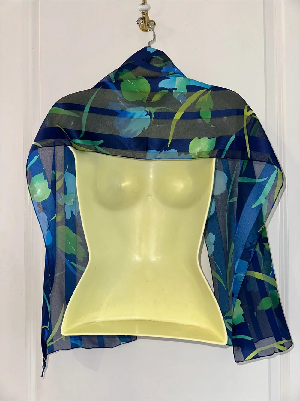 Vintage Semi Sheer Floral Blue & Green Long Silk‎ Feel Polyester Scarf